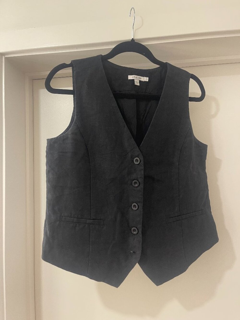 Chico's Black 100% Linen V-Neck Button Vest - Size 0 (Women's 4)